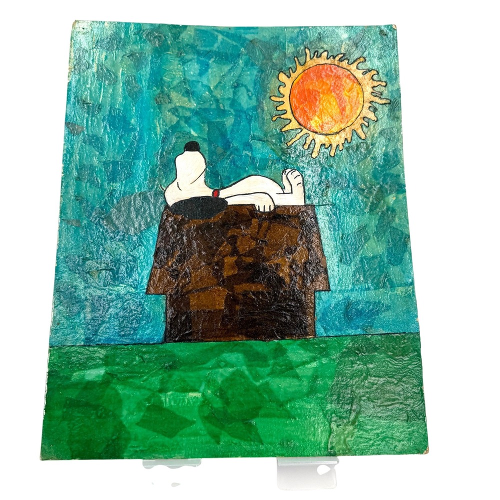 Vintage Peanuts Snoopy Mixed Media Art 14x11 Blue Green 1973